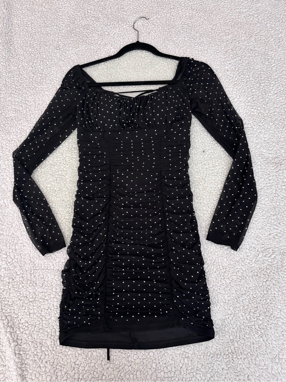 Black Long-Sleeve Ruched Polka Dot Mini Dress